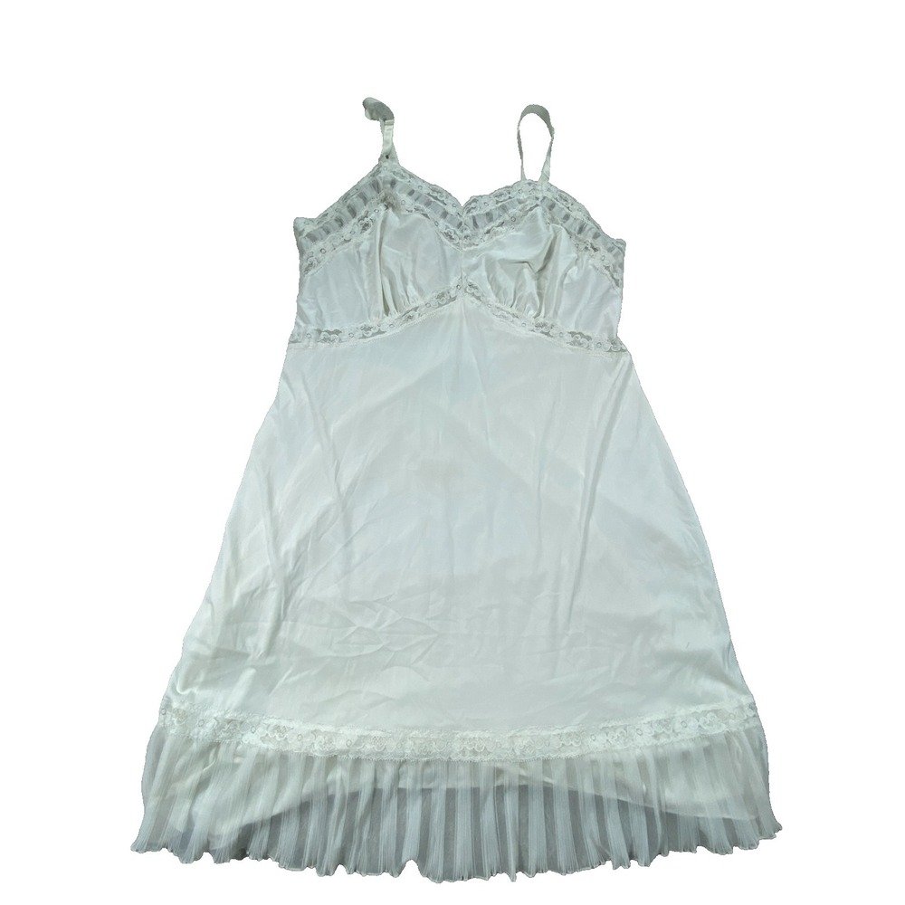 Vintage Sears Nightgown Women 44 White Lace Trim Pleated Hem Nylon Chemise